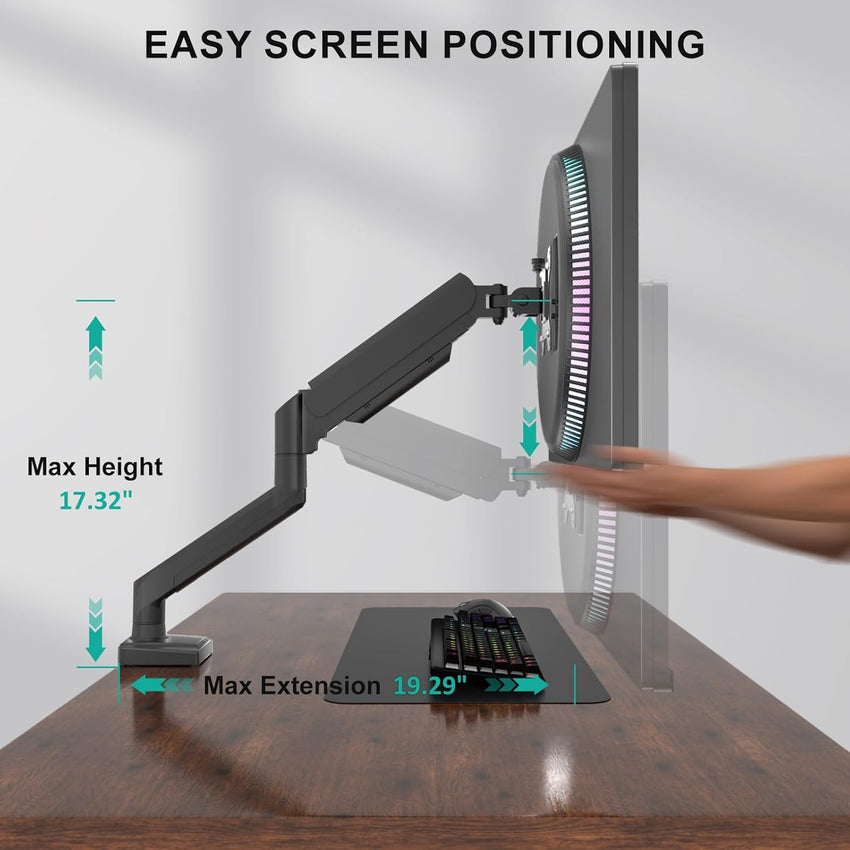 WALI Single Monitor Arm for 17-34 inch Screens, Ergonomic Gas Spring Monitor Arm Desk Mount up to 12 kg, Adjustable Computer Monitors Stand with Clamp and Grommet Base, VESA 75/100mm (GSMP001N), Black