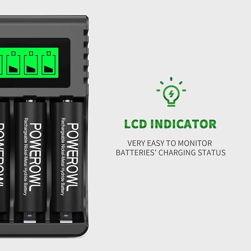 POWEROWL 4-slot AA AAA Battery Charger with LCD Display (5V 2A Quick Charging, Independent Slot) for Ni-MH Rechargeable Batteries (No Adapter)