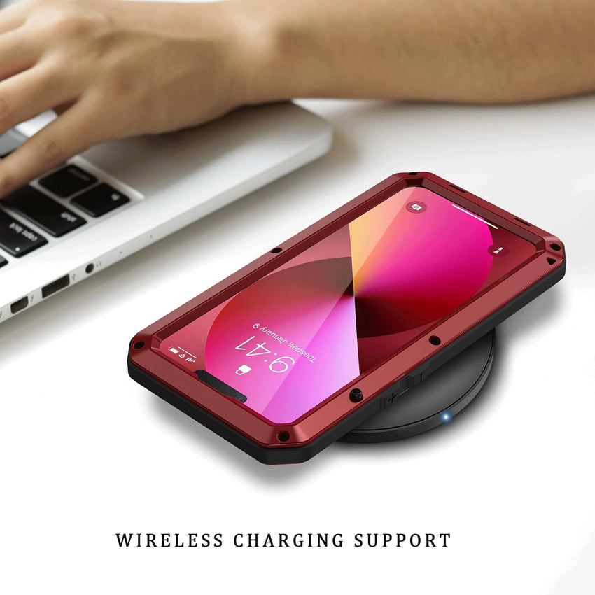 Lanhiem Heavy Duty Case for iPhone 13 Pro Max Shockproof Cover Tough Armour Metal Case with [Tempered Glass Screen Film], 360 Full Body Protective Case Cover for iPhone 13 Pro Max - Red