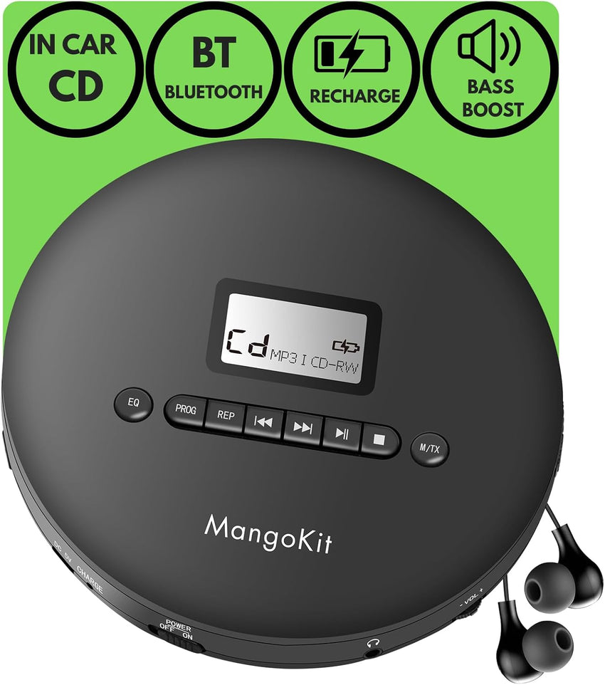 MangoKit CD-X Portable CD Player for Car, Bluetooth Out 5.3, MP3 Playback, Headphones-Personal CD Player with Anti-Skip, Rechargeable Battery-Compact Disc Player for Travel, Home, Language Learning