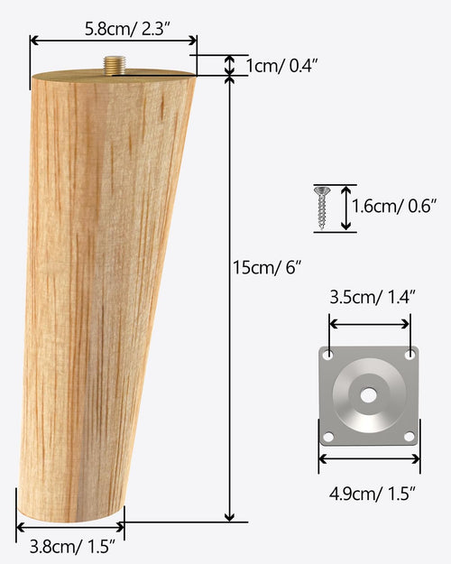 ROFMAPLE Wood Furniture Legs, 15cm Solid Wood Cabinet Legs 4 Pack Wooden Round Couch Table Sofa Replacement Legs with Rubber Protection Pad, Mounting Plates & Screws (Slant)