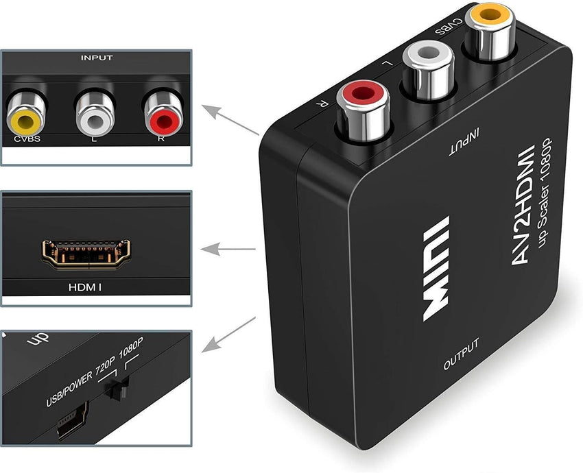 Amtake RCA to HDMI 1080P AV Converter - Composite CVBS AV to HDMI Video Audio Adapter for PS2 Wii Xbox SNES N64 VHS VCR Camera DVD, Supporting PAL/NTSC with USB Power Cable