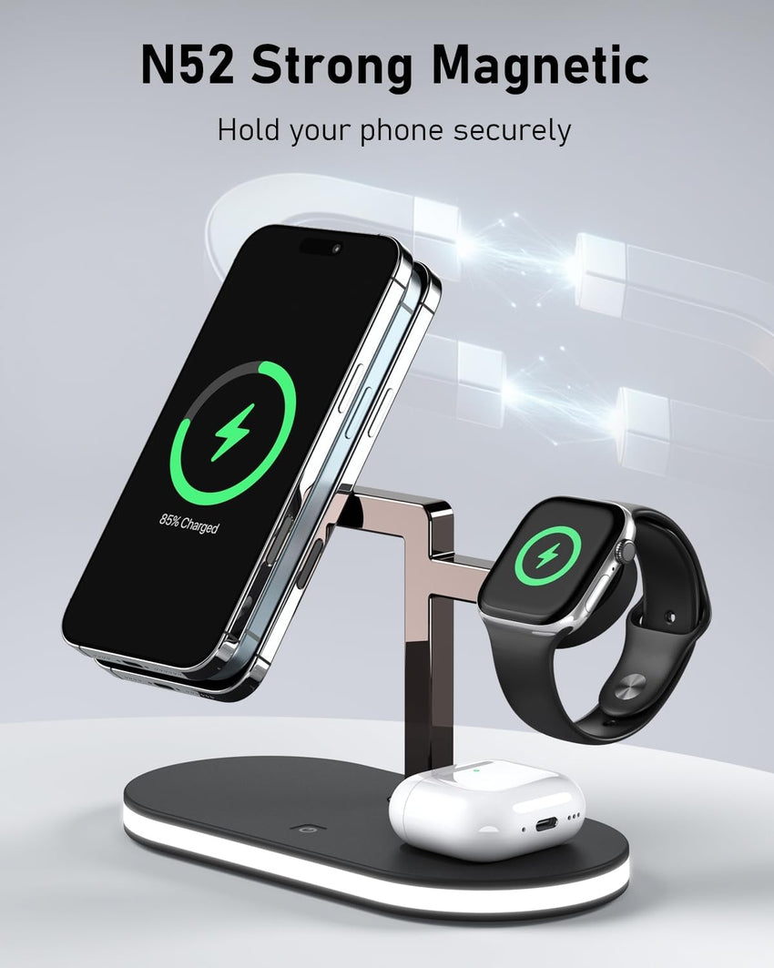 4-in-1 Magnetic Wireless Charging Station for iPhone Apple Watch Earbuds with Night Light Black