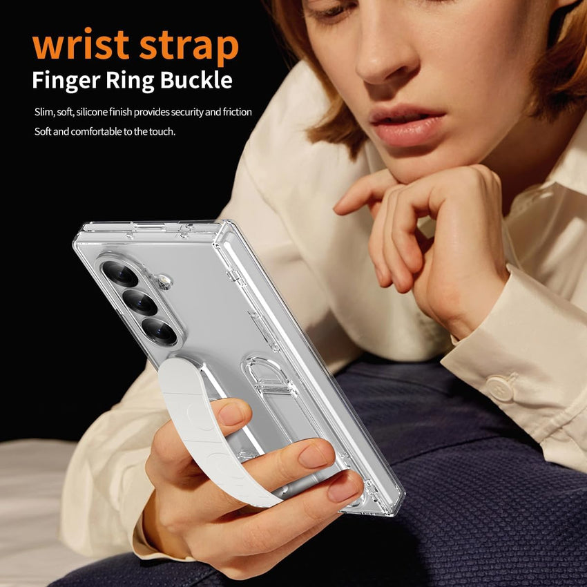 Case for Samsung Galaxy Z Fold 7 with Built-in Screen Protector/Finger Ring Buckle/Hinge Protection/Kickstand Shockproof Soft Touch Non-slip Phone Cover for Samsung Galaxy Z Fold7 Transparent
