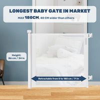 HollyHOME Retractable Stair Gate 180cm Extra Wide One Hand Operation Baby Gate Safety Gate for Baby and Pets Indoor & Outdoor, White