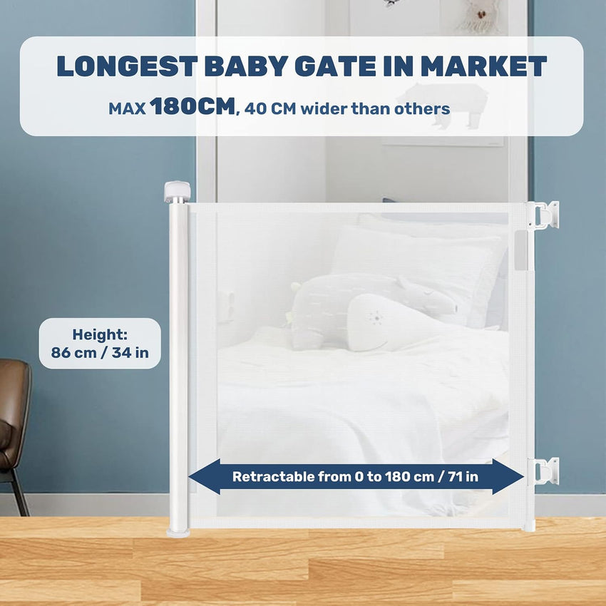 HollyHOME Retractable Stair Gate 180cm Extra Wide One Hand Operation Baby Gate Safety Gate for Baby and Pets Indoor & Outdoor, White