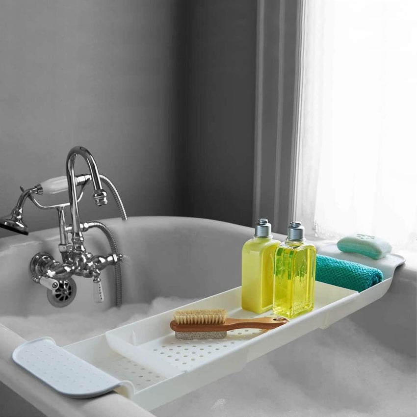 Expandable Drain Bath Shelf Caddy Tray, Multifunctional Plastic Bathtub Tray Bathroom Organizer Simple Stylish Bathtub Storage Rack for Candle Towel, Book, Wine, Phone, Shower (Grey)