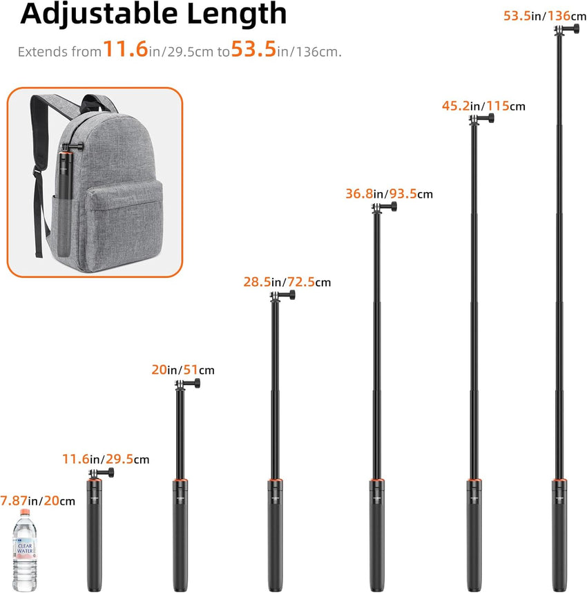 53.5"/136cm Selfie Stick Tripod for DJI Osmo Pocket 3, GoPro Hero 13/12/11/10/9/Max2, DJI Osmo Action 5 Pro/4, AKASO EK7000, Action Camera 2-in-1 Extendable Handle/Travel Vlogging Stand/Accessories