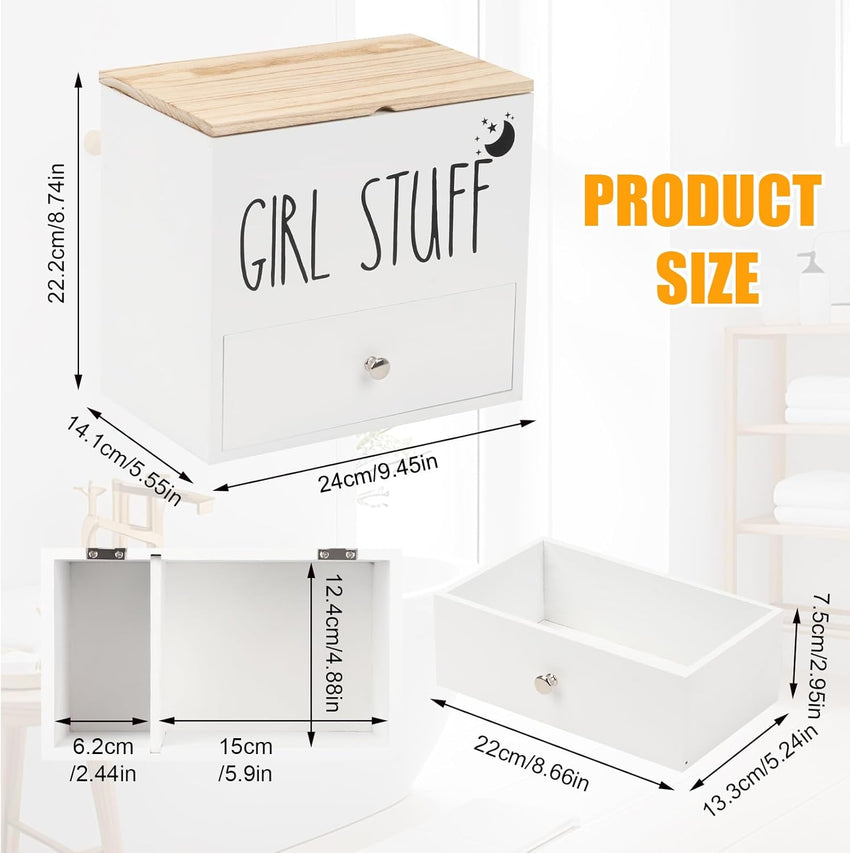 Tampon & Sanitary Pad Storage Box Wooden Organizer with Drawer & Lid â White