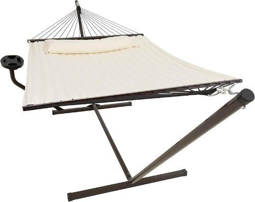 Vita5 Hammock with Stand and Sidetable â 2 Person Garden Hammocks with Cup Holder & Detachable Pillow - Heavy Duty 200kg Capacity, Indoor & Outdoor Hammock: Patio, Pool, Backyard - Beige