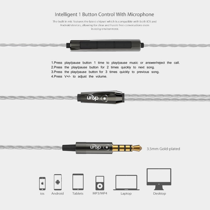 Okun G50MW HD Earphones, Metal In-Ear Headphones Earphones High Sensitivity Microphone - Noise Isolating