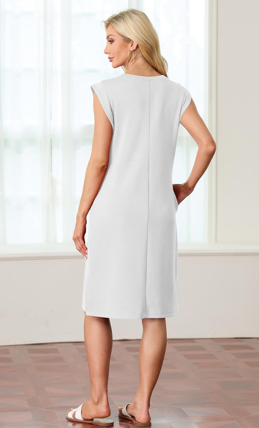 Womens Summer Midi Dress Casual Crew Neck Sleeveless with Pockets Ã¢ÂÂ White L