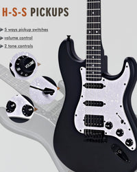 Full-Size 4/4 Electric Guitar HSS Pickup Starter Pack with 12 Accessories â Matte Black 39in