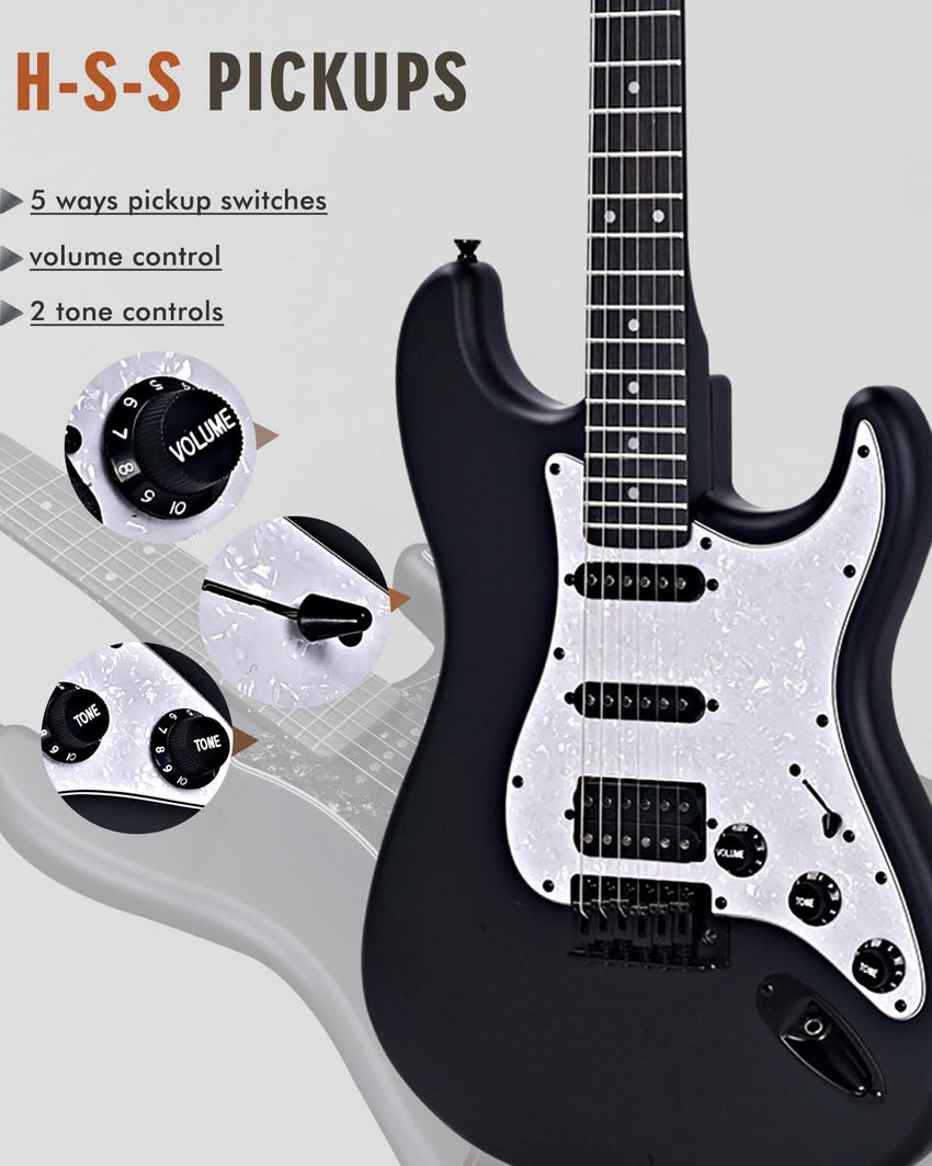 Full-Size 4/4 Electric Guitar HSS Pickup Starter Pack with 12 Accessories â Matte Black 39in
