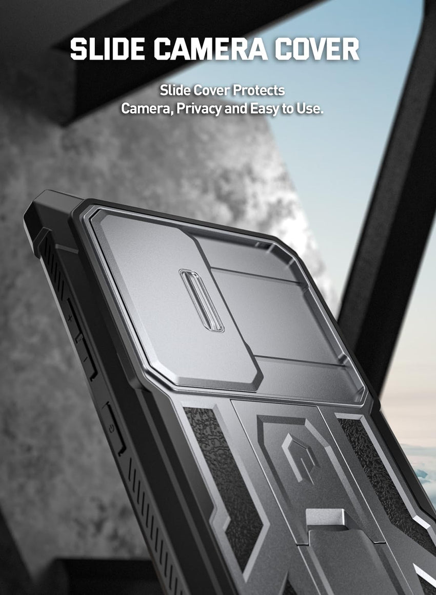 Poetic Spartan Case Compatible with Galaxy S24 Ultra 5G 6.8", [Slide Camera Cover] [Screen Protector Works with Fingerprint ID] Military Grade Rugged Shockproof Case with Kickstand, Metallic Gun Metal