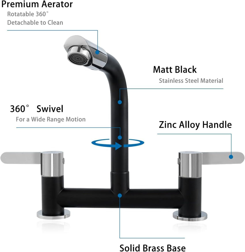 Kitchen Mixer Tap Dual Lever 360Â° Aerator Swivel Monobloc 2-Hole G1/2 Hose â Black 180mm