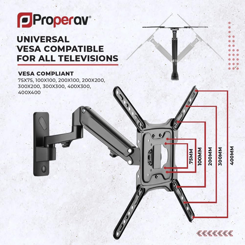 ProperAV Gas Spring Swing Arm Monitor & TV Wall Bracket 23'' 24" 28" 32" 37" 40" 42" 43" 46" 49" 55" VESA Max 400x400 Black
