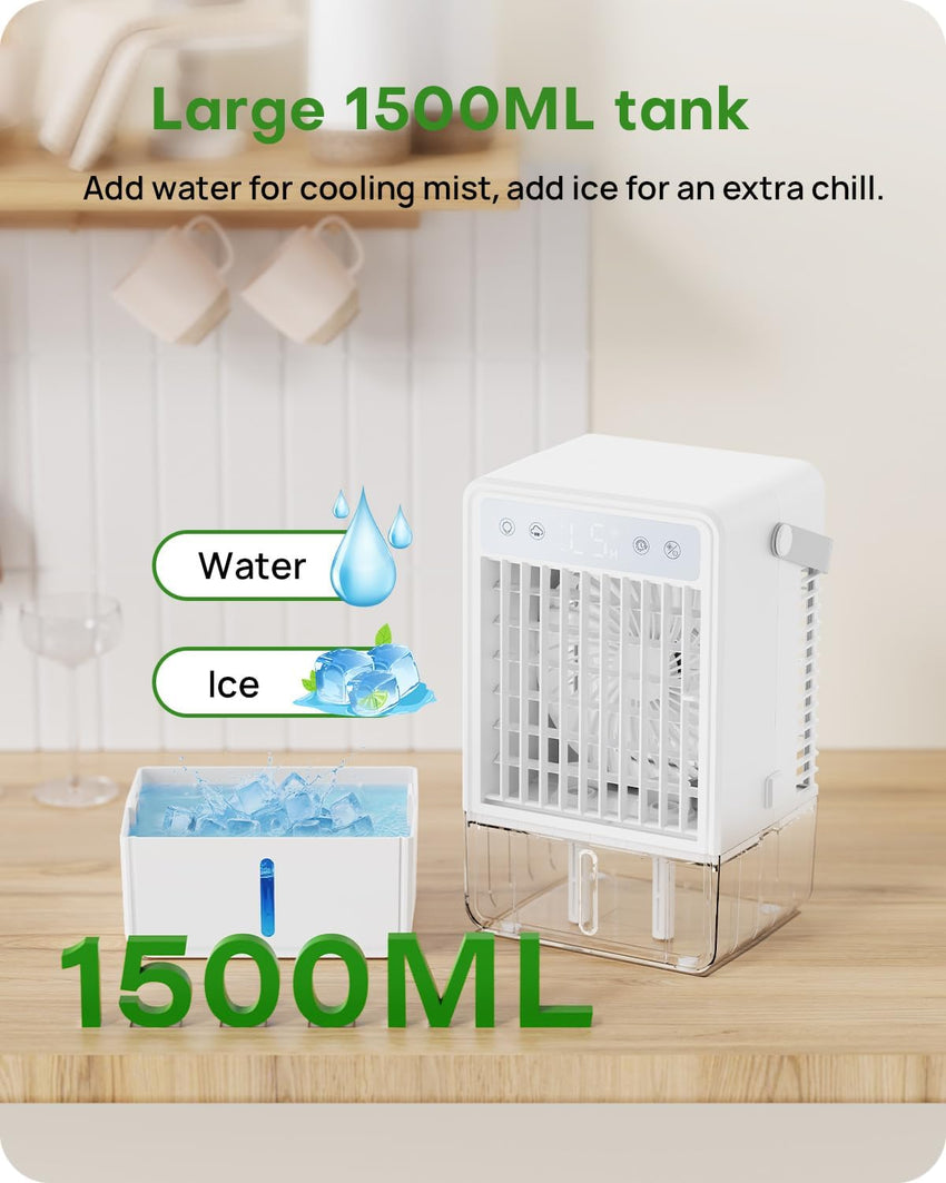 Portable Air Cooler 1500ml Quiet 5Ã¢ÂÂSpeed 4ÃÂµm Mist 2 Spray Modes 7Ã¢ÂÂColour LED Timer Ã¢ÂÂ White