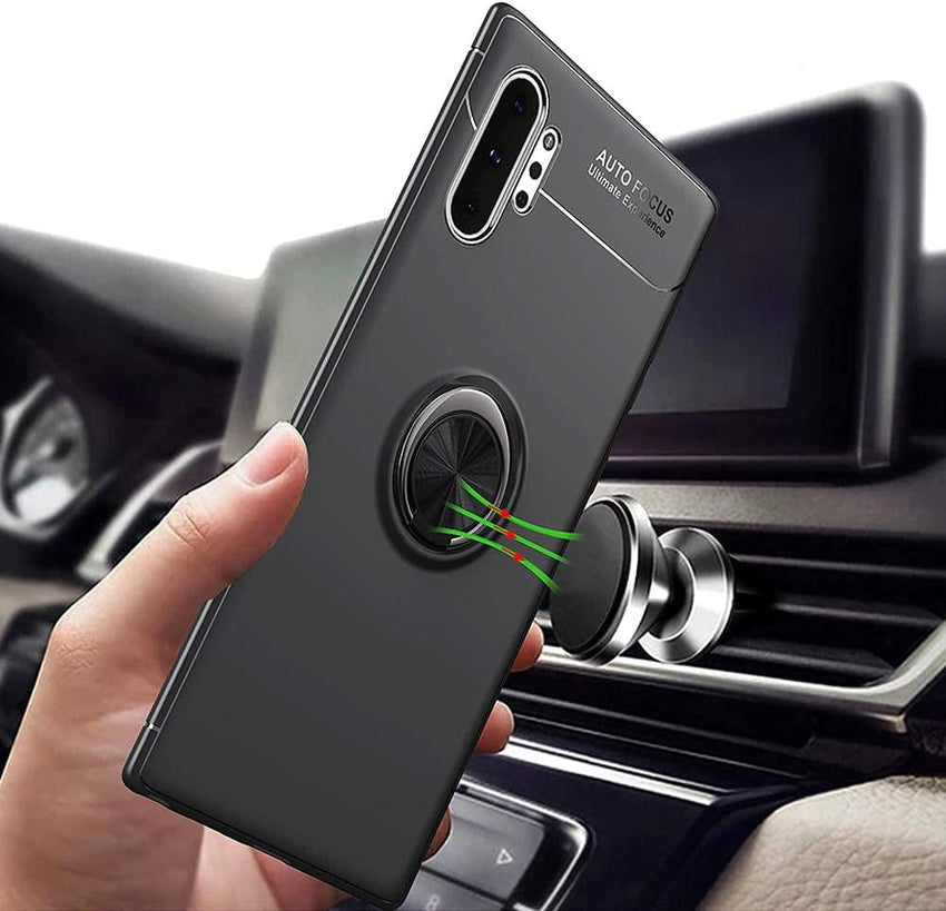 Phone Case for Samsung Galaxy Note 10 pro and Tempered Glass Screen Protector Cover With Stand Ring Holder Kickstand Accessories Heavy Duty Rugged Protective Shockproof Hard Bumper Black