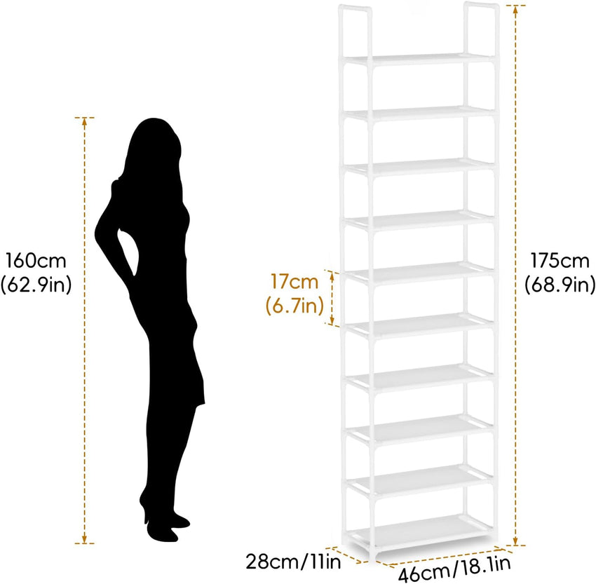 barsone Shoe Rack 10 Tier Tall Shoe Racks Storage,20-25 Pairs shoe storage Metal Shoe Shelf, Stackable Shoe Stand Organizer for Narrow Space Closet Entryway Hallway