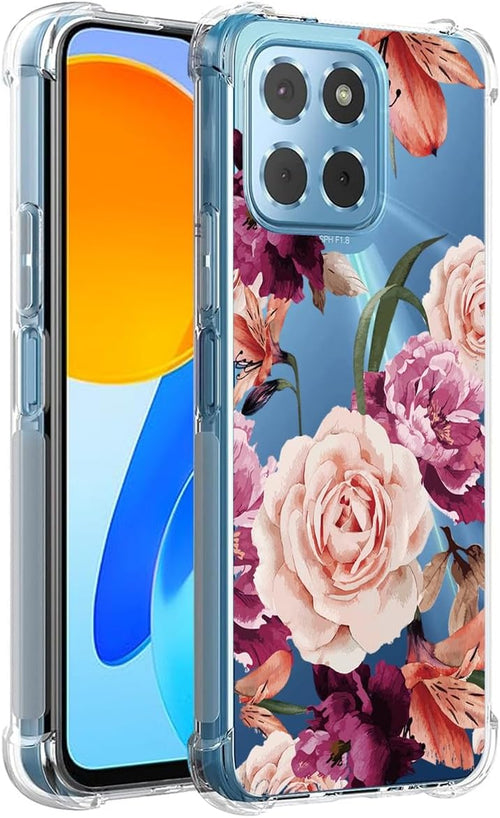 Jhxtech Phone Case for Honor X8 5G/Honor X6 (4G/5G)/Honor X6S/Honor 70 Lite girls women, Slim Shockproof Clear Floral Pattern Soft Flexible TPU Protective Cover for Honor X8 5G Purple flower