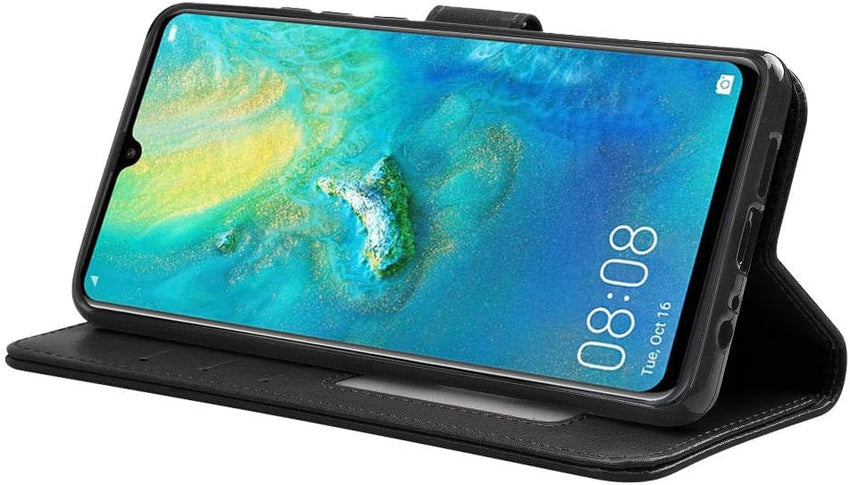 TECHGEAR Compatible with Huawei P30 Pro Leather Wallet Case, Flip Protective Case Cover with Card Slots, Kickstand and Wrist Strap - Black PU Leather fit Huawei P30 Pro