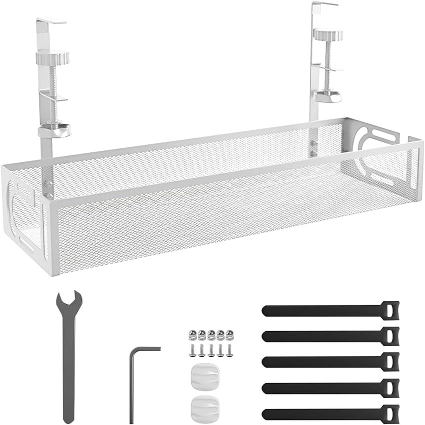 Rppiup Under Desk Cable Management Tray, No Drill Steel Cable Management Under Desk tray, Hollow Sturdy Metal Mesh Table Wire Organiser No Damage to Table, for Office Home Kitchens