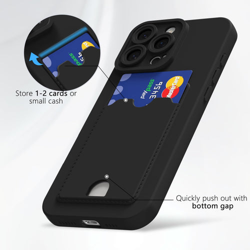 oakxco for iPhone 16 Pro Max Case with Card Holder, Cute Silicone Wallet Phone Case with Credit Card Slot, Soft Rubber Thin Slim Purse for Women Men with Shockproof Camera Cover Protection, Black