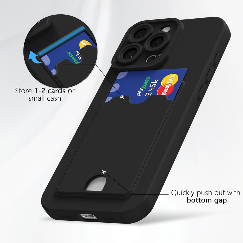 oakxco for iPhone 16 Pro Max Case with Card Holder, Cute Silicone Wallet Phone Case with Credit Card Slot, Soft Rubber Thin Slim Purse for Women Men with Shockproof Camera Cover Protection, Black