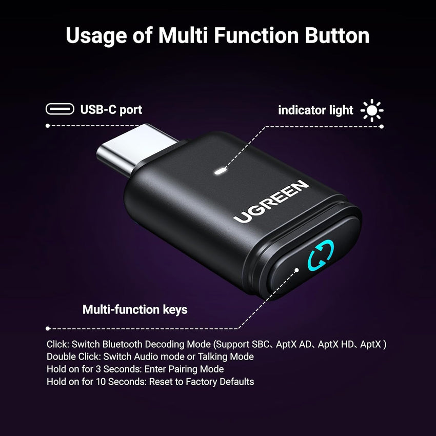 UGREEN Bluetooth 5.3 Adapter for PS5/PS5 Pro/Switch1 2, USB-C Bluetooth Adapter with aptX/aptX HD/aptX Adaptive, Plug & Play, Supports Windows/macOS, PC, Laptop(Audio Only)