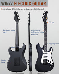 Full-Size 4/4 Electric Guitar HSS Pickup Starter Pack with 12 Accessories â Matte Black 39in