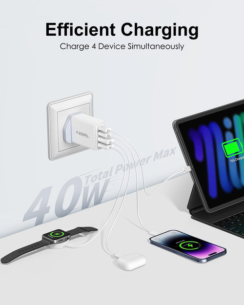 USB C Plug, 40W 4-Port USB-C Fast Charger Plug USBC Charger Dual Port PD + QC Wall Charger Plug Adaptor, Multi USB Plugs UK Type C Charging Plug for iPhone 16 15 14 13 12 11 Pro Max, iPad, Samsung