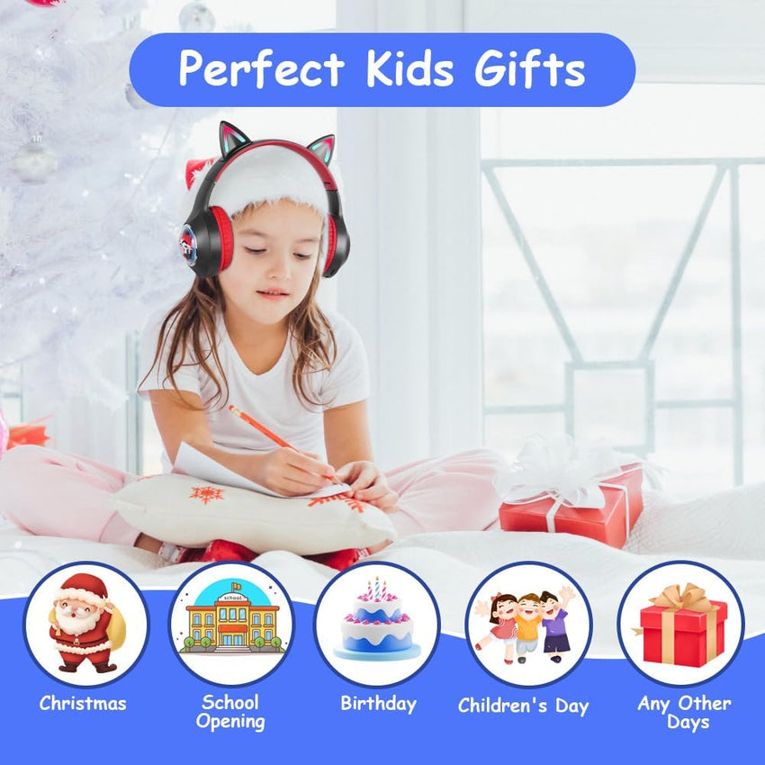 AXFEE Bluetooth Kids Headphones, LED Light Up Cat Ear Wired/Wireless Headphone, HD Stereo Sound, 10H Playtime, Foldable Children Headphone for PC Phone Ipad Study Travel School, 105dB Volume Limited