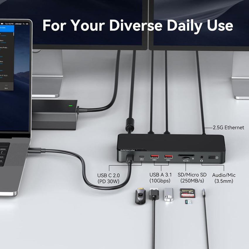 MOKiN Thunderbolt 4 Dock, 12-in-1, Single 8K or Dual 4K @ 60Hz Display, 85W Charging, 3 x 40G Thunderbolt 4, 2 x 10G USB-A, 1 x USB-C (PD 30W), 2.5GbE, Audio, SD/TF 4.0, Compatible for Mac and Windows