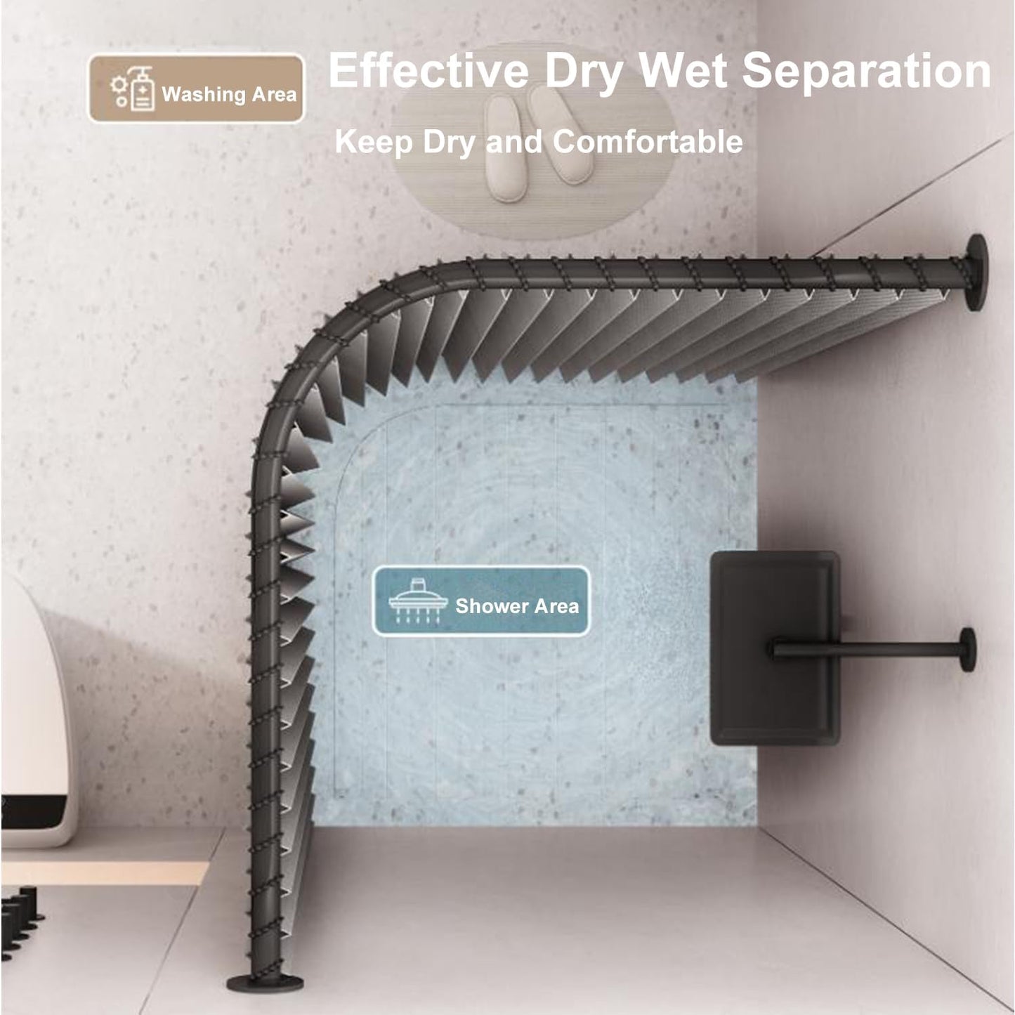 mosegor Shower Curtain Rail L Shaped Shower Curtain Rod Extendable Corner Shower Curtain Pole with Curtain for Bathroom Clothing Store Private Space Drill Free Install 70-95 cm