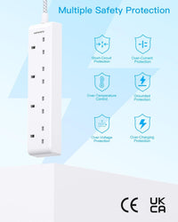 4 Gang Extension Lead 2M, HANYCONY Multi Plug Extension Socket with Braided Cable, 13A 3250W UK Power Strip, Durable Electric Extension Cord for Office, Bedroom, Kitchen Accessories, White