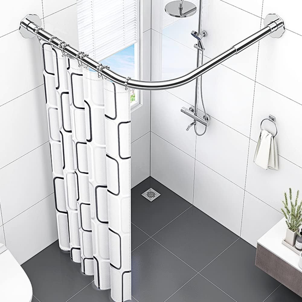 mosegor Shower Curtain Rail L Shaped Shower Curtain Rod Extendable Corner Shower Curtain Pole with Curtain for Bathroom Clothing Store Private Space Drill Free Install 70-95 cm
