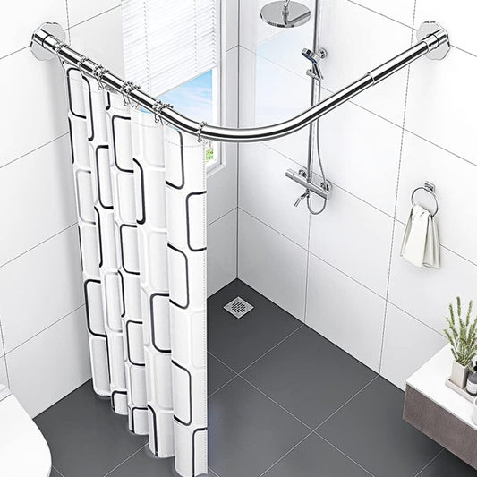 mosegor Shower Curtain Rail L Shaped Shower Curtain Rod Extendable Corner Shower Curtain Pole with Curtain for Bathroom Clothing Store Private Space Drill Free Install 70-95 cm