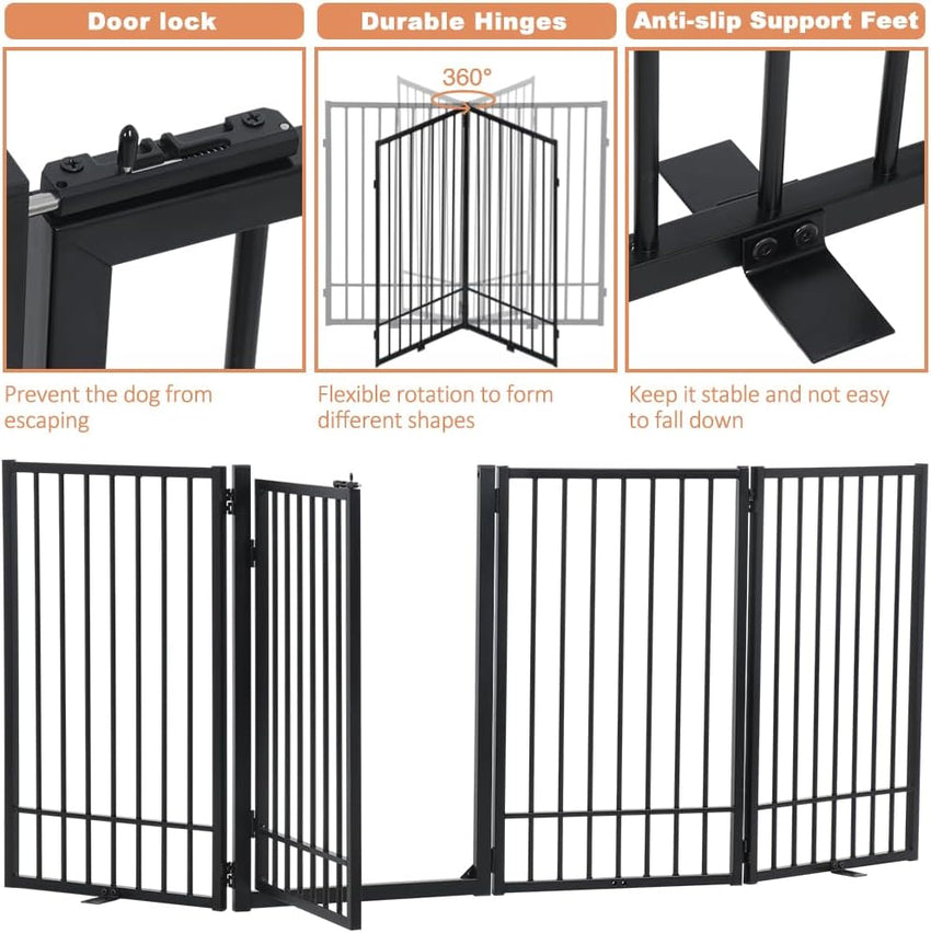 SMONTER Free Standing Dog Gate with Door Walk Through, 306cm Extra Wide Indoor Dog Fence, 80cm Height 6 Panels Foldable Metal Pet Puppy Gate for Stairs, Hallways, Doorway