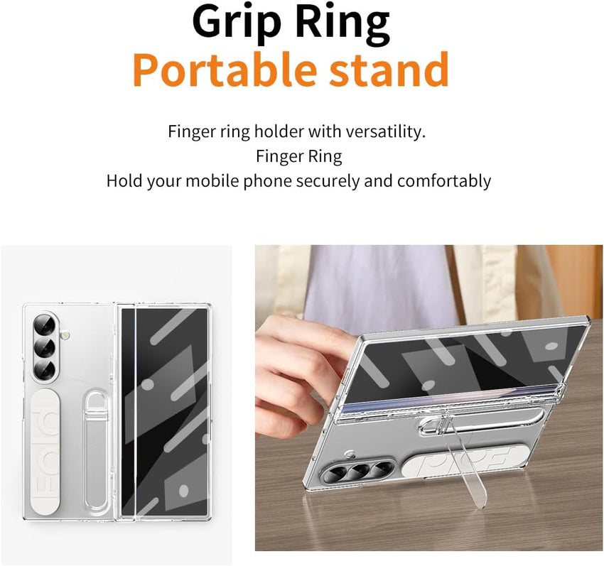 Case for Samsung Galaxy Z Fold 7 with Built-in Screen Protector/Finger Ring Buckle/Hinge Protection/Kickstand Shockproof Soft Touch Non-slip Phone Cover for Samsung Galaxy Z Fold7 Transparent
