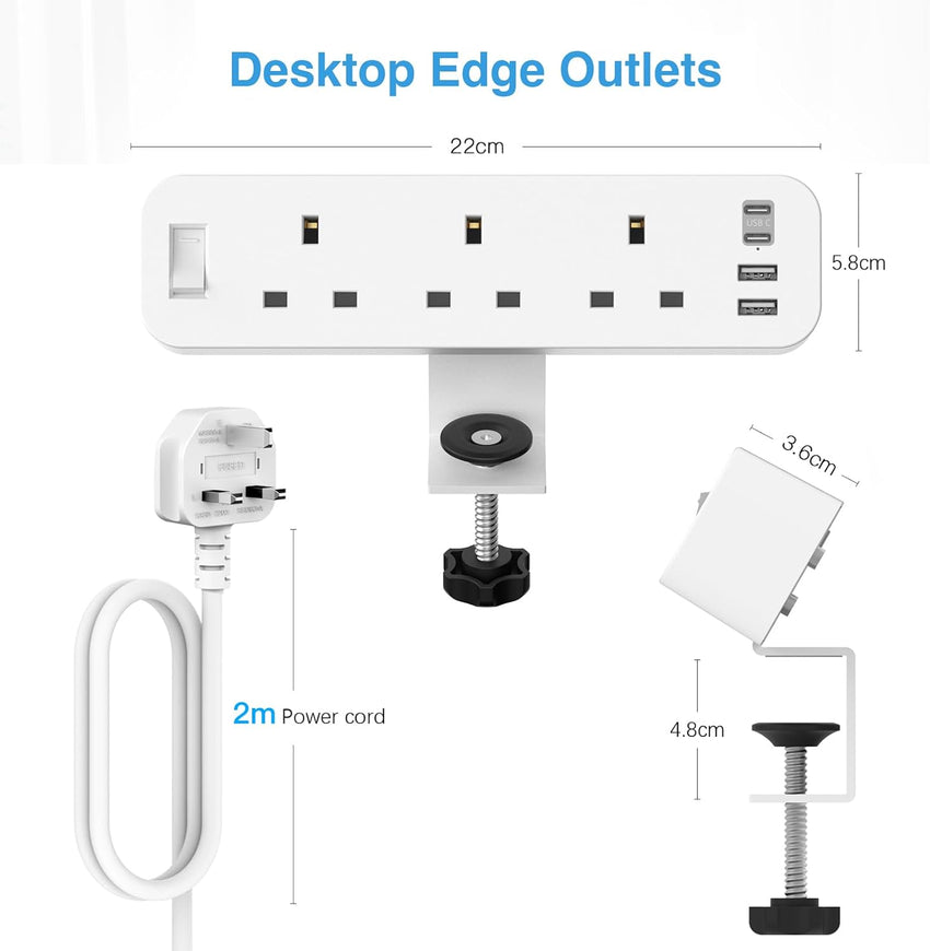 Desk Power Socket with 4 USB (2 Type C), ANVODE 3 Way Desktop Power Strip with Switch, Desk Extension Lead 2M for Home Office (White)