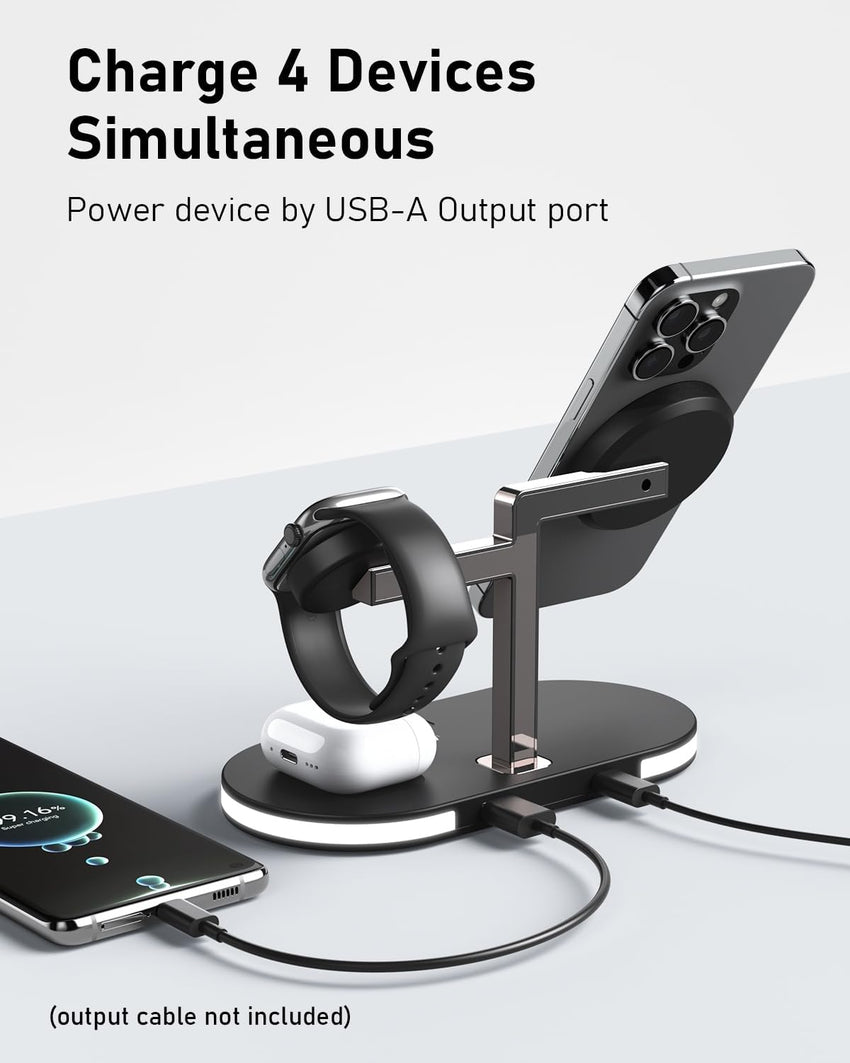 4-in-1 Magnetic Wireless Charging Station for iPhone Apple Watch Earbuds with Night Light Black