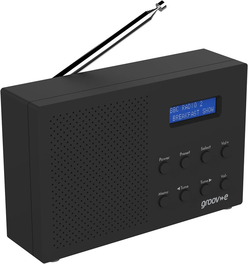 Groov-e Paris DAB & FM Digital Radio - Built-In Alarm Clock & Bluetooth Connectivity - LCD Display - Mains or Battery Operated - Portable Radio - 20 Preset Stations - Black