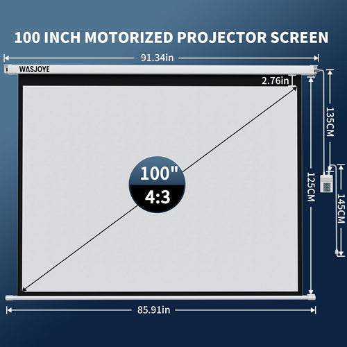 WASJOYE 100"Motorized Projector Screen Electric Diagonal Automatic Projection 16:9 8K HD Movies Screen for Home Theater Cinema Office Video Game Indoor W/Remote Control and Wall/Ceiling Mount