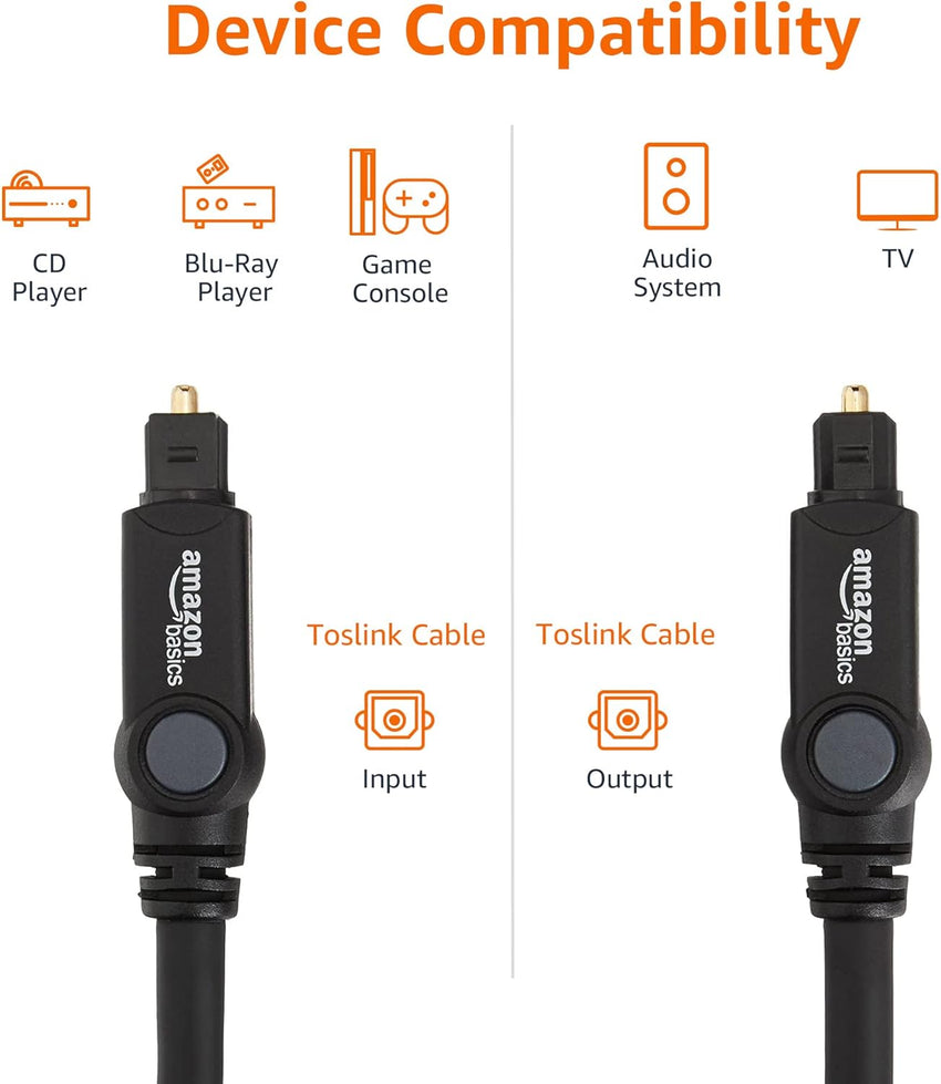 Amazon Basics Toslink Digital Optical Audio Cable, Multi-Channel, Sound Bar, Home Theatre, Gold-Plated Connectors, 1 m, Black