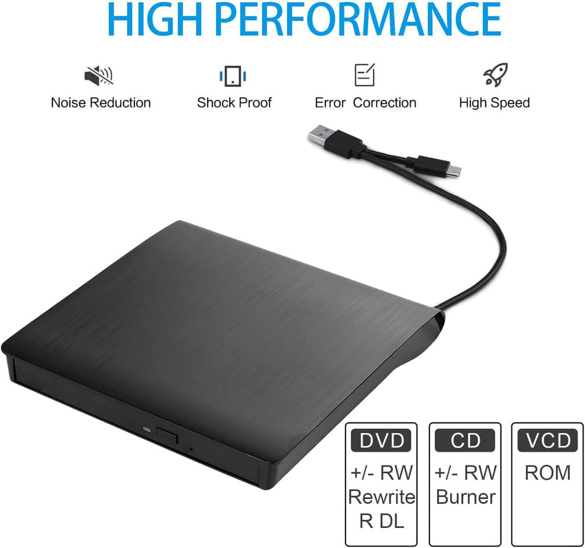 ZZOSRDR External CD DVD Drive, Type-C & USB 3.0 Portable Optical DVD Drive, CD DVD Player RW Writer Burner Reader for Laptop, Desktop, PC, Mac, IOS, Windows 11/10 / 8/7 / XP/Linux/Vista
