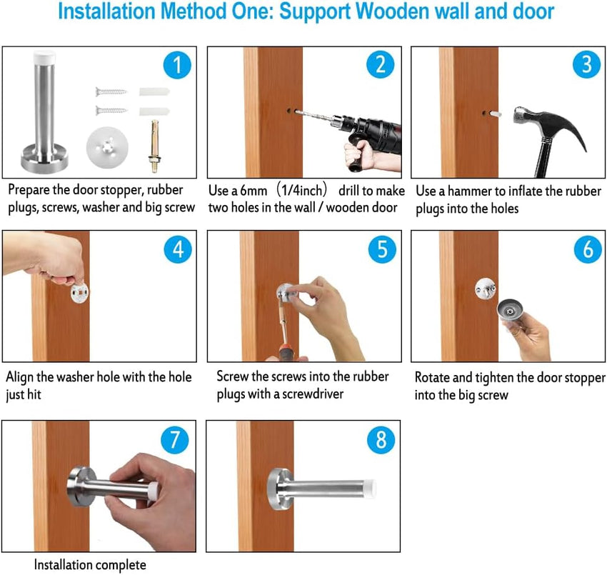Door Stop - Chrome Door Stopper Heavy Duty Door Stoppers for Skirtings Wall Mounted Doorstops Stainless Steel Door Stops Indoors Self Adhesive Doorstop with White Rubber, 6 Pack