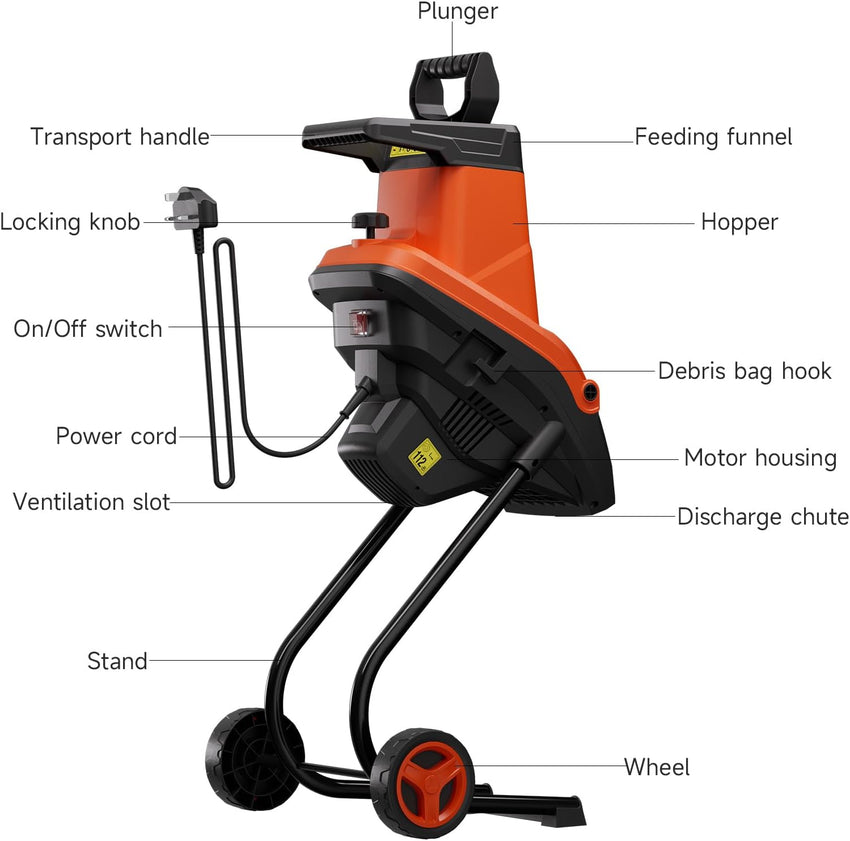 USED AIVOLT 2500W Garden Shredder, Electric Wood Chipper, Crush up to 45mm, 3600rpm Speed, 10m Power Cable, Reversible Steel Blades with Detachable 50L Collection Bag for Garden Debris, Leaves and Branches