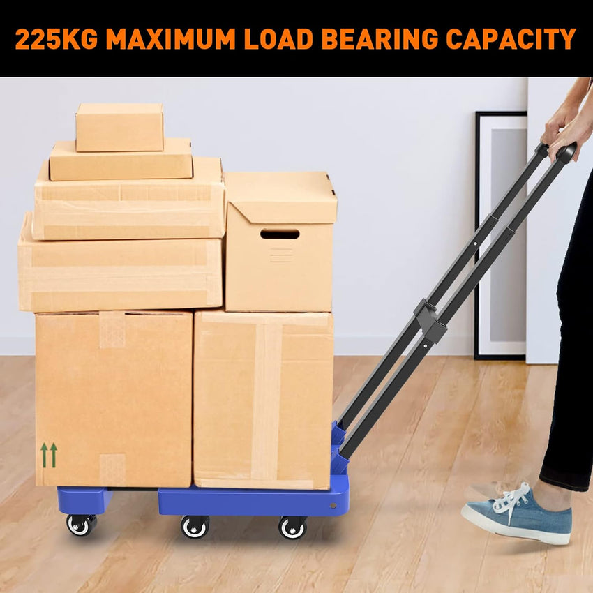 Ronlap Folding Hand Truck, 6 Wheels Fold Up Hand Cart with 2 Elastic Ropes, Portable 225KG Capacity Heavy Duty Luggage Cart, Utility Dolly Platform Cart for Car House Office Luggage Moving, Blue