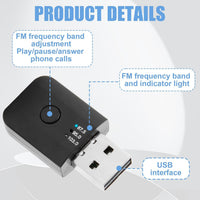 Car Bluetooth 5.1 FM Transmitter,USB Bluetooth Adapter for Car Stereo Universal Wireless Audio Music Receiver Adapter with Hands-Free Calling 3 FM Frequencies, Auto Memory